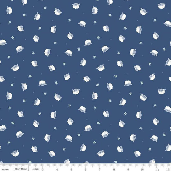Image of the Twinkle Little Star Flock Nighttime quilting cotton fabric by Riley Blake Designs. Features sheep on a blue background. Cute Little Fabric Shop