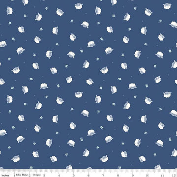 Image of the Twinkle Little Star Flock Nighttime quilting cotton fabric by Riley Blake Designs. Features sheep on a blue background. Cute Little Fabric Shop