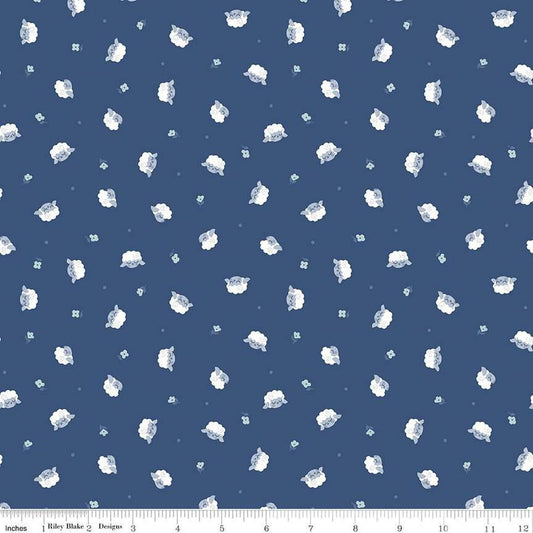 Image of the Twinkle Little Star Flock Nighttime quilting cotton fabric by Riley Blake Designs. Features sheep on a blue background. Cute Little Fabric Shop