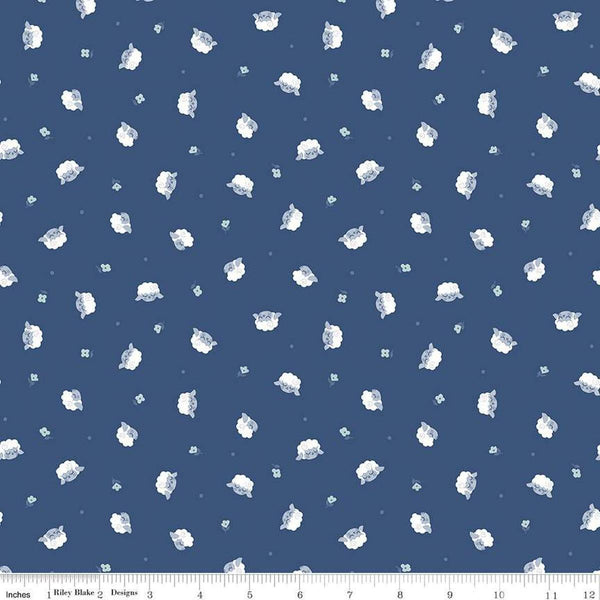 Image of the Twinkle Little Star Flock Nighttime quilting cotton fabric by Riley Blake Designs. Features sheep on a blue background. Cute Little Fabric Shop