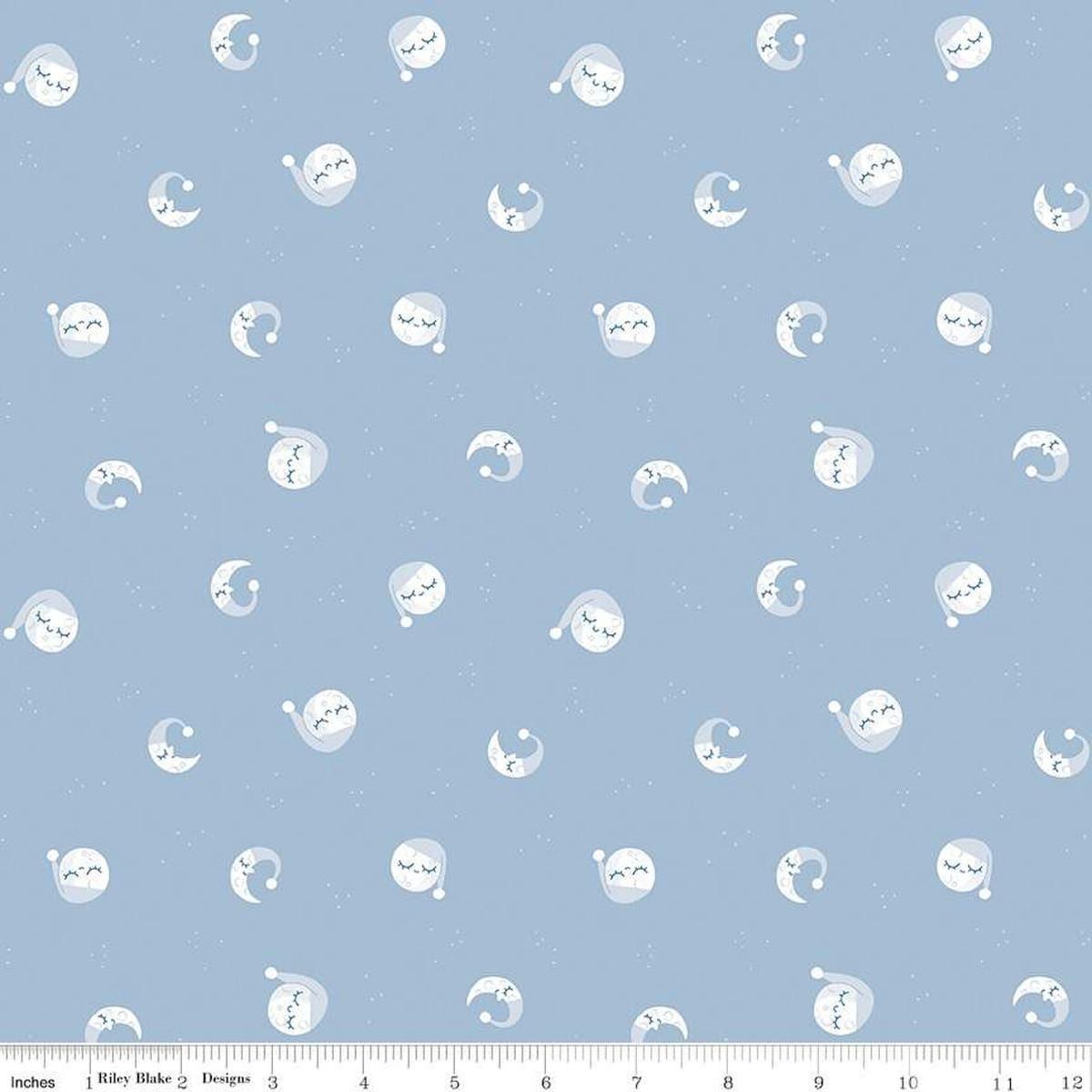 Image of the Twinkle Little Star Goodnight Moon Blue quilting cotton fabric by Riley Blake Designs. Features stars on a blue background. Cute Little Fabric Shop