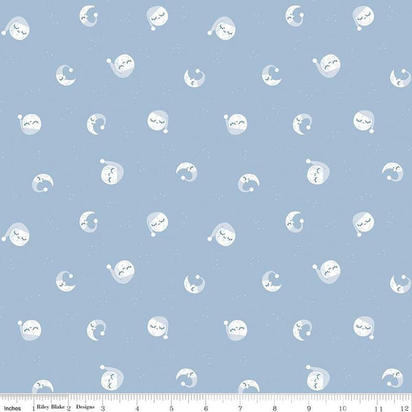 Image of the Twinkle Little Star Goodnight Moon Blue quilting cotton fabric by Riley Blake Designs. Features stars on a blue background. Cute Little Fabric Shop