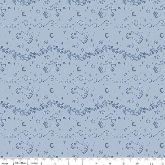 Image of the Twinkle Little Star Counting Sheep Blue quilting cotton fabric by Riley Blake Designs. Features sheep on a blue background. Cute Little Fabric Shop