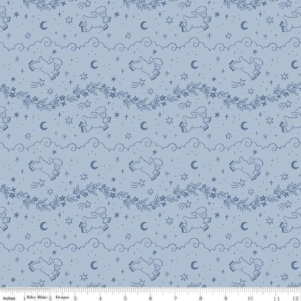 Image of the Twinkle Little Star Counting Sheep Blue quilting cotton fabric by Riley Blake Designs. Features sheep on a blue background. Cute Little Fabric Shop