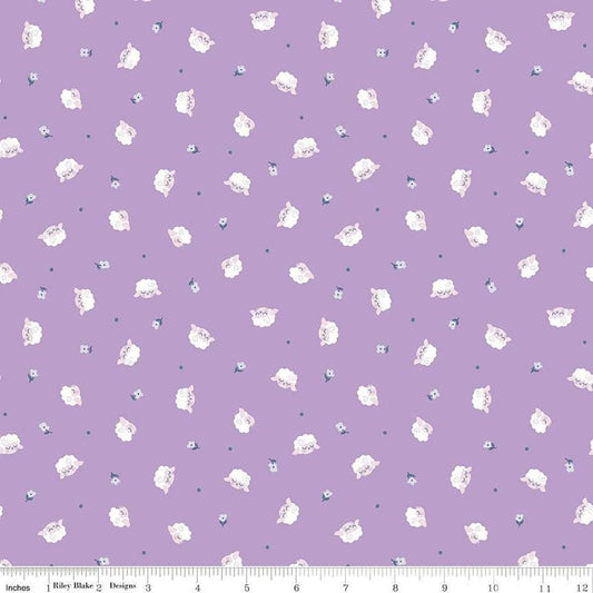 Image of the Twinkle Little Star Flock Orchid quilting cotton fabric by Riley Blake Designs. Features sheep on a purple background. Cute Little Fabric Shop
