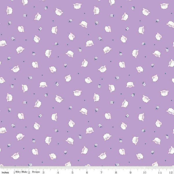Image of the Twinkle Little Star Flock Orchid quilting cotton fabric by Riley Blake Designs. Features sheep on a purple background. Cute Little Fabric Shop