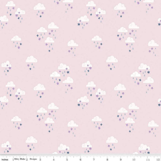 Image of the Twinkle Little Star Dream Skies Pink quilting cotton fabric by Riley Blake Designs. Features clouds on a pink background. Cute Little Fabric Shop