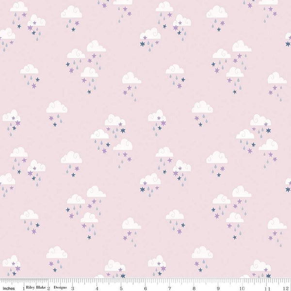 Image of the Twinkle Little Star Dream Skies Pink quilting cotton fabric by Riley Blake Designs. Features clouds on a pink background. Cute Little Fabric Shop