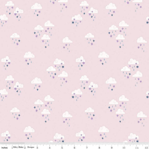 Image of the Twinkle Little Star Dream Skies Pink quilting cotton fabric by Riley Blake Designs. Features clouds on a pink background. Cute Little Fabric Shop