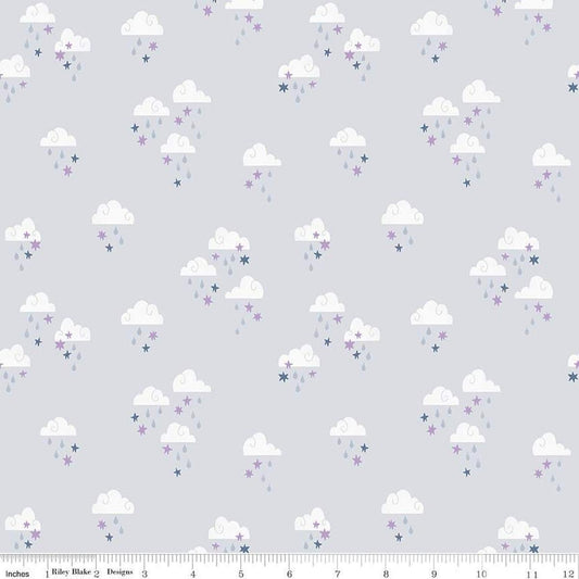Image of the Twinkle Little Star Dream Skies Gray quilting cotton fabric by Riley Blake Designs. Features clouds on a gray background. Cute Little Fabric Shop