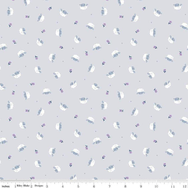 Image of the Twinkle Little Star Flock Gray quilting cotton fabric by Riley Blake Designs. Features sheep on a gray background. Cute Little Fabric Shop