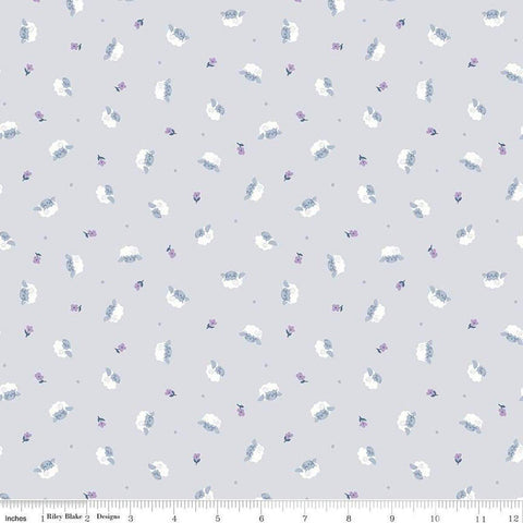Image of the Twinkle Little Star Flock Gray quilting cotton fabric by Riley Blake Designs. Features sheep on a gray background. Cute Little Fabric Shop