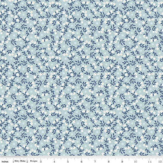 Image of the Twinkle Little Star Jasmine Stars Mist quilting cotton fabric by Riley Blake Designs. Features sheep on a blue background. Cute Little Fabric Shop