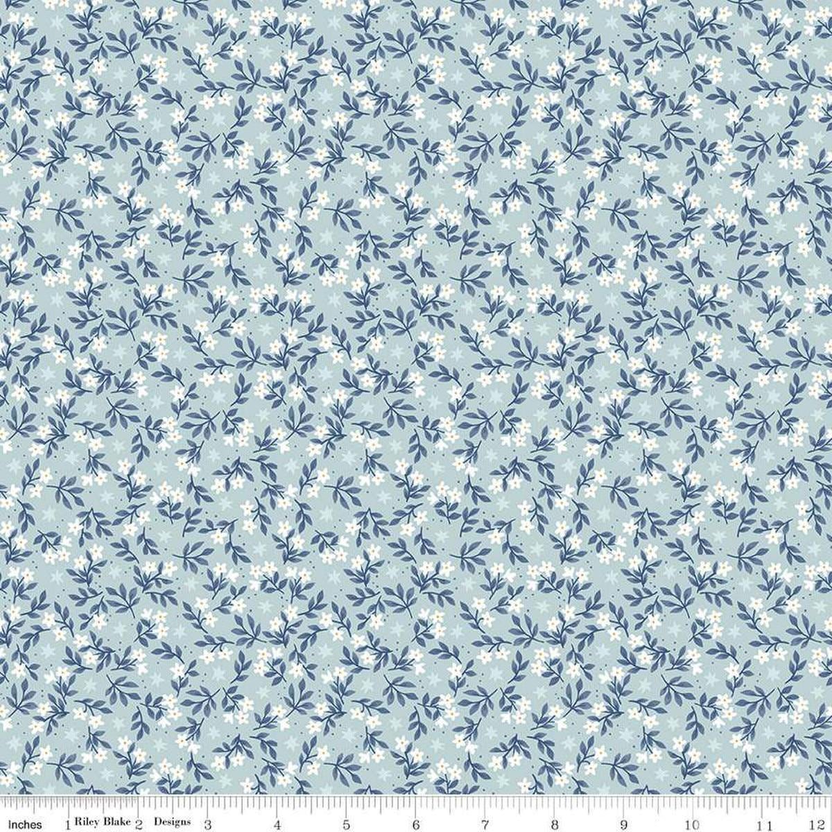 Image of the Twinkle Little Star Jasmine Stars Mist quilting cotton fabric by Riley Blake Designs. Features sheep on a blue background. Cute Little Fabric Shop