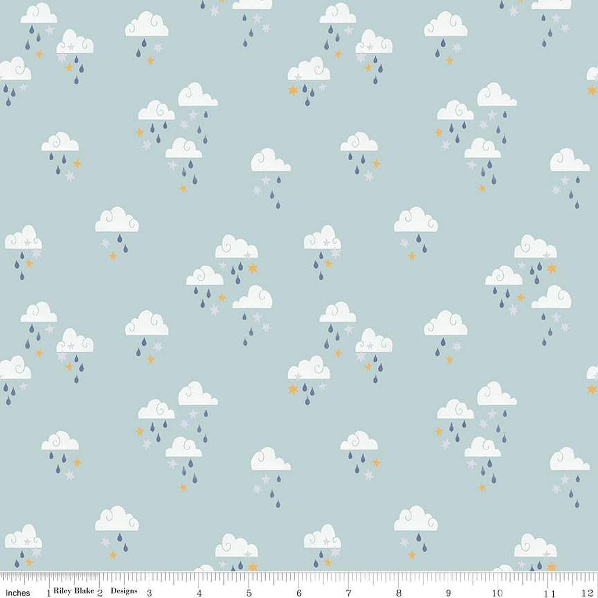 Image of the Twinkle Little Star Dream Skies Mist quilting cotton fabric by Riley Blake Designs. Features clouds on a blue background. Cute Little Fabric Shop