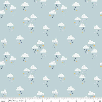 Image of the Twinkle Little Star Dream Skies Mist quilting cotton fabric by Riley Blake Designs. Features clouds on a blue background. Cute Little Fabric Shop