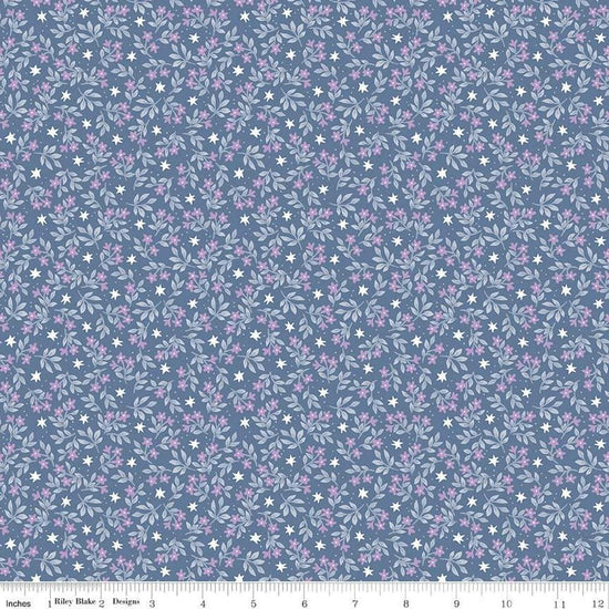 Image of the Twinkle Little Star Jasmine Stars Denim quilting cotton fabric by Riley Blake Designs. Features sheep on a blue background. Cute Little Fabric Shop