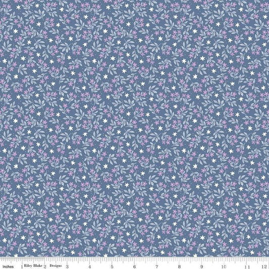 Image of the Twinkle Little Star Jasmine Stars Denim quilting cotton fabric by Riley Blake Designs. Features sheep on a blue background. Cute Little Fabric Shop