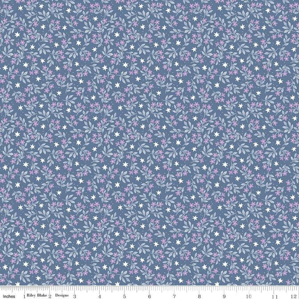 Image of the Twinkle Little Star Jasmine Stars Denim quilting cotton fabric by Riley Blake Designs. Features sheep on a blue background. Cute Little Fabric Shop
