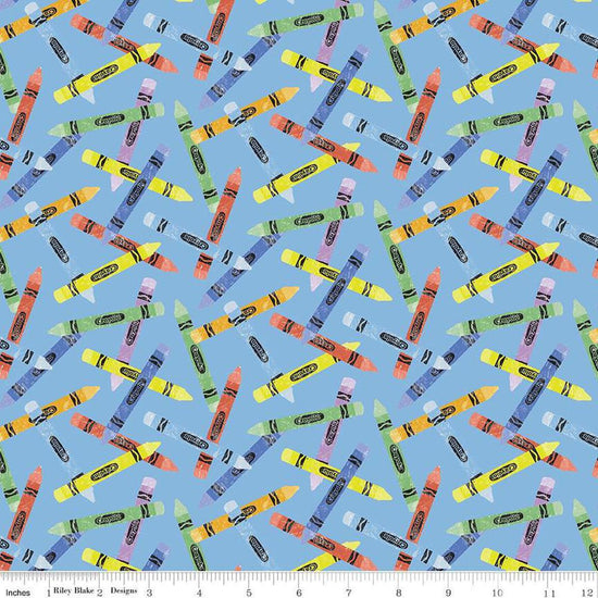 Image of the New Box of Crayons Crayon Toss Sky Quilting Cotton Fabric by Riley Blake Designs. Features crayons on a blue background. Cute Little Fabric Shop