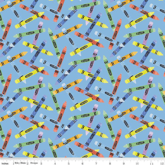 Image of the New Box of Crayons Crayon Toss Sky Quilting Cotton Fabric by Riley Blake Designs. Features crayons on a blue background. Cute Little Fabric Shop