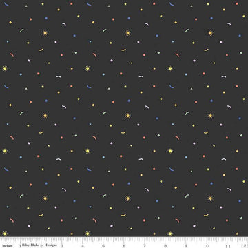Image of the New Box of Crayons Confetti Black Quilting Cotton Fabric by Riley Blake Designs. Features confetti on a black background. Cute Little Fabric Shop