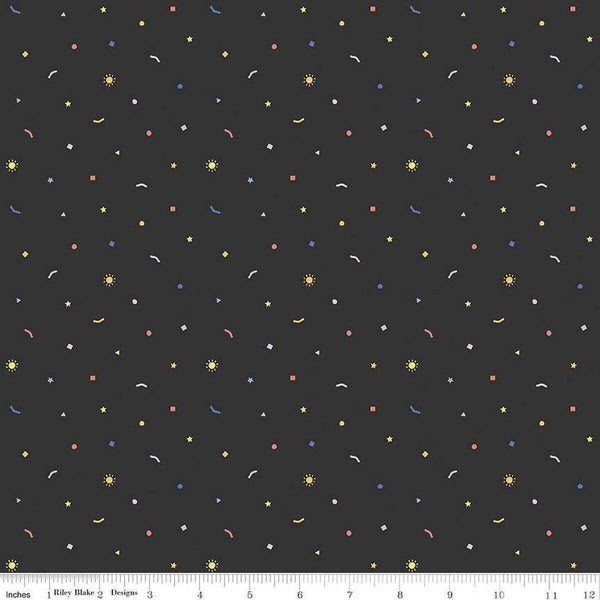 Image of the New Box of Crayons Confetti Black Quilting Cotton Fabric by Riley Blake Designs. Features confetti on a black background. Cute Little Fabric Shop