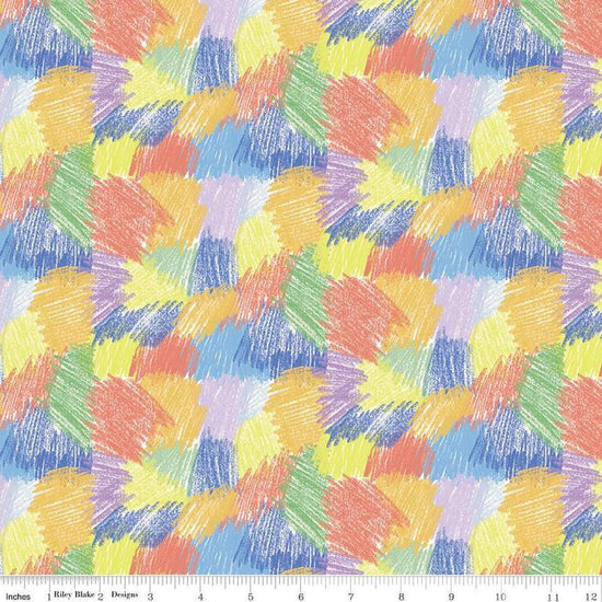 Image of the New Box of Crayons Scribbles Multi Quilting Cotton Fabric by Riley Blake Designs. Features confetti on a rainbow background. Cute Little Fabric Shop