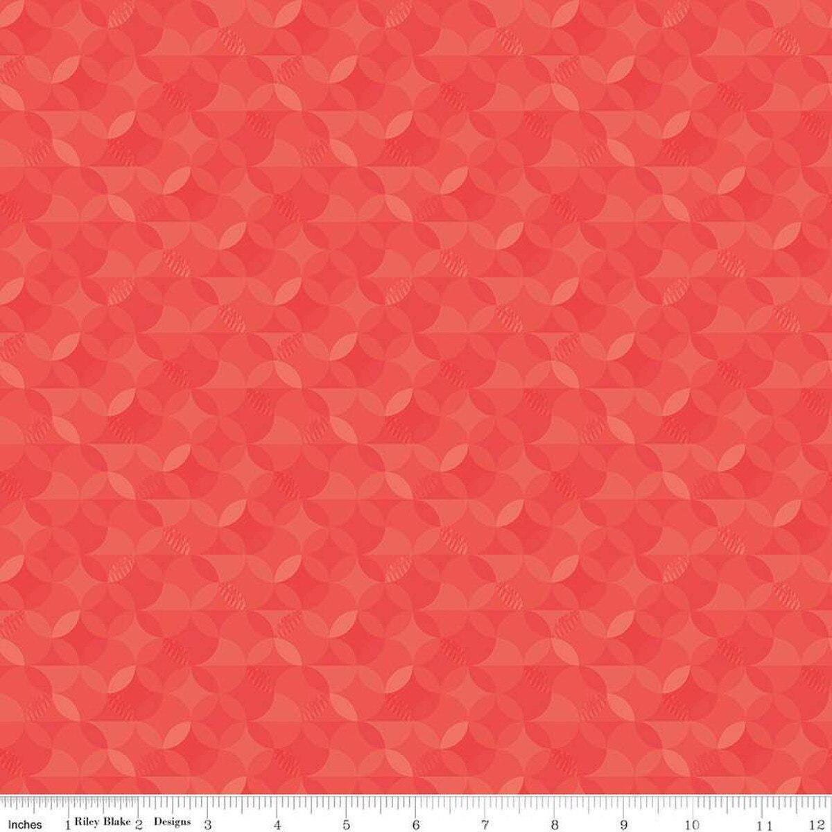 Image of the New Box of Crayons Kaleidoscope Red Quilting Cotton Fabric by Riley Blake Designs. Features orange peel on a red background. Cute Little Fabric Shop