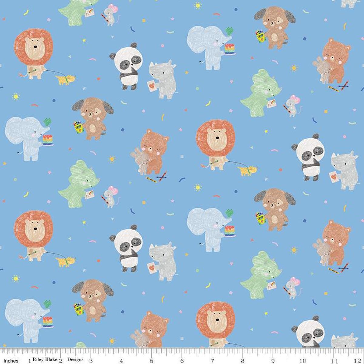 Image of the New Box of Crayons Main Sky Quilting Cotton Fabric by Riley Blake Designs. Features animals on a blue background. Cute Little Fabric Shop