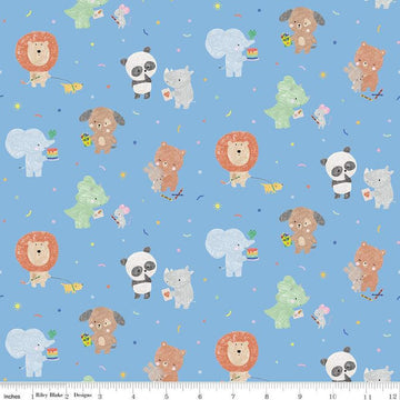 Image of the New Box of Crayons Main Sky Quilting Cotton Fabric by Riley Blake Designs. Features animals on a blue background. Cute Little Fabric Shop