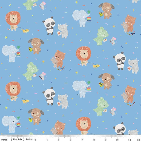 Image of the New Box of Crayons Main Sky Quilting Cotton Fabric by Riley Blake Designs. Features animals on a blue background. Cute Little Fabric Shop