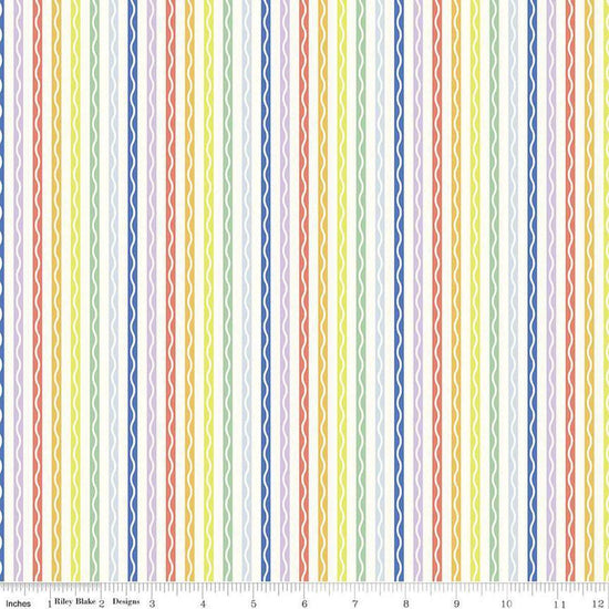 Image of the New Box of Crayons Stripe Cloud Quilting Cotton Fabric by Riley Blake Designs. Features stripes on a cream background. Cute Little Fabric Shop