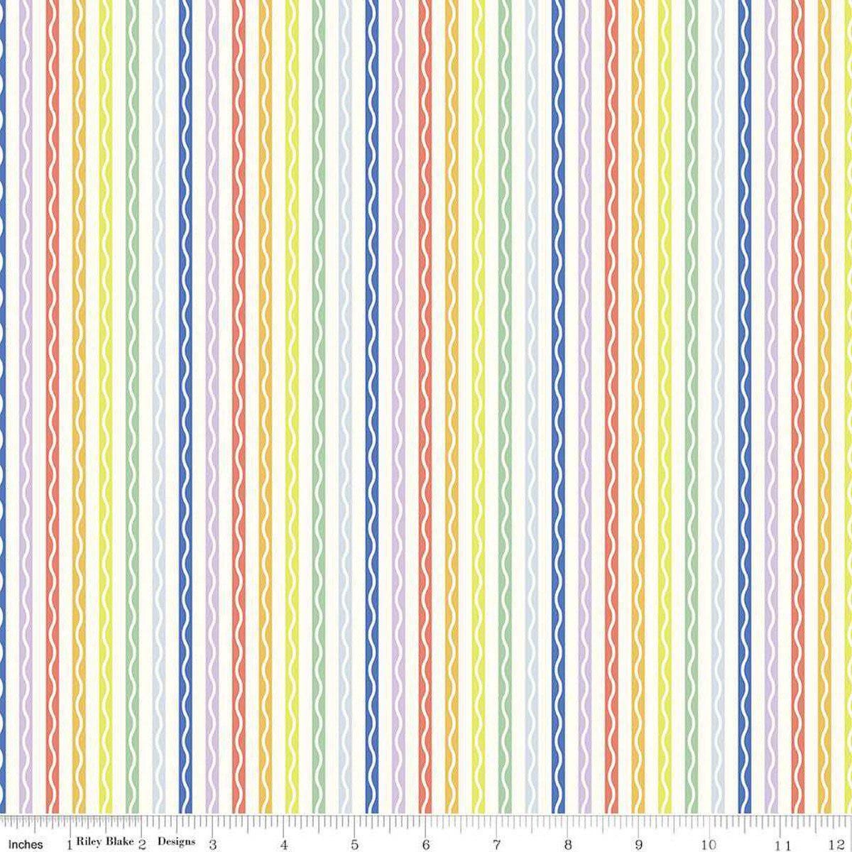 Image of the New Box of Crayons Stripe Cloud Quilting Cotton Fabric by Riley Blake Designs. Features stripes on a cream background. Cute Little Fabric Shop
