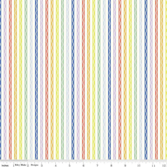 Image of the New Box of Crayons Stripe Cloud Quilting Cotton Fabric by Riley Blake Designs. Features stripes on a cream background. Cute Little Fabric Shop