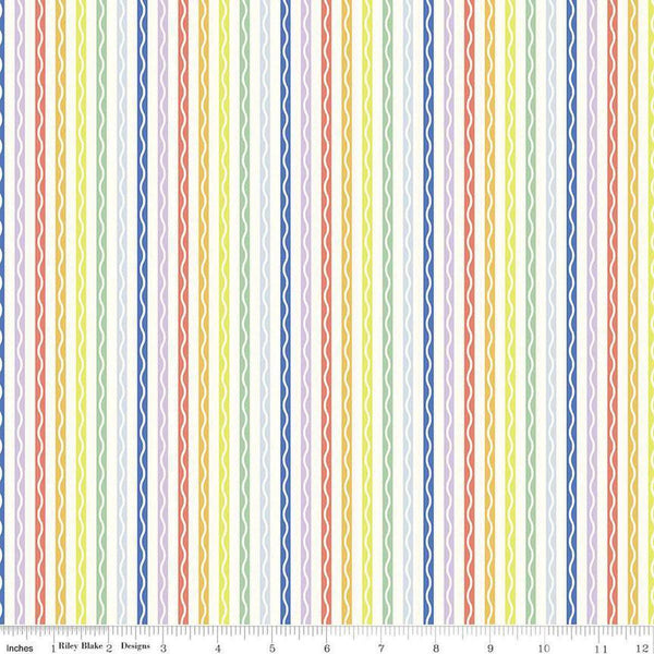 Image of the New Box of Crayons Stripe Cloud Quilting Cotton Fabric by Riley Blake Designs. Features stripes on a cream background. Cute Little Fabric Shop