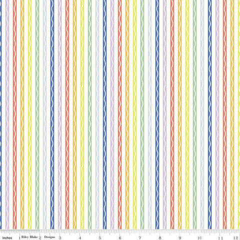 Image of the New Box of Crayons Stripe Cloud Quilting Cotton Fabric by Riley Blake Designs. Features stripes on a cream background. Cute Little Fabric Shop