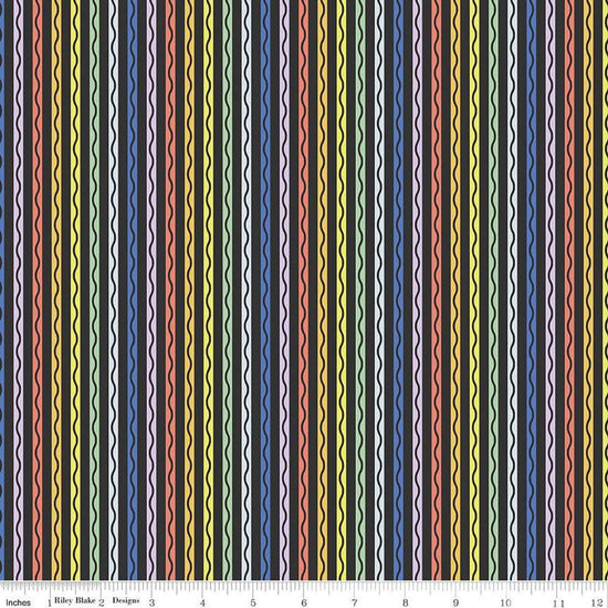 Image of the New Box of Crayons Stripe Black Quilting Cotton Fabric by Riley Blake Designs. Features stripes on a black background. Cute Little Fabric Shop