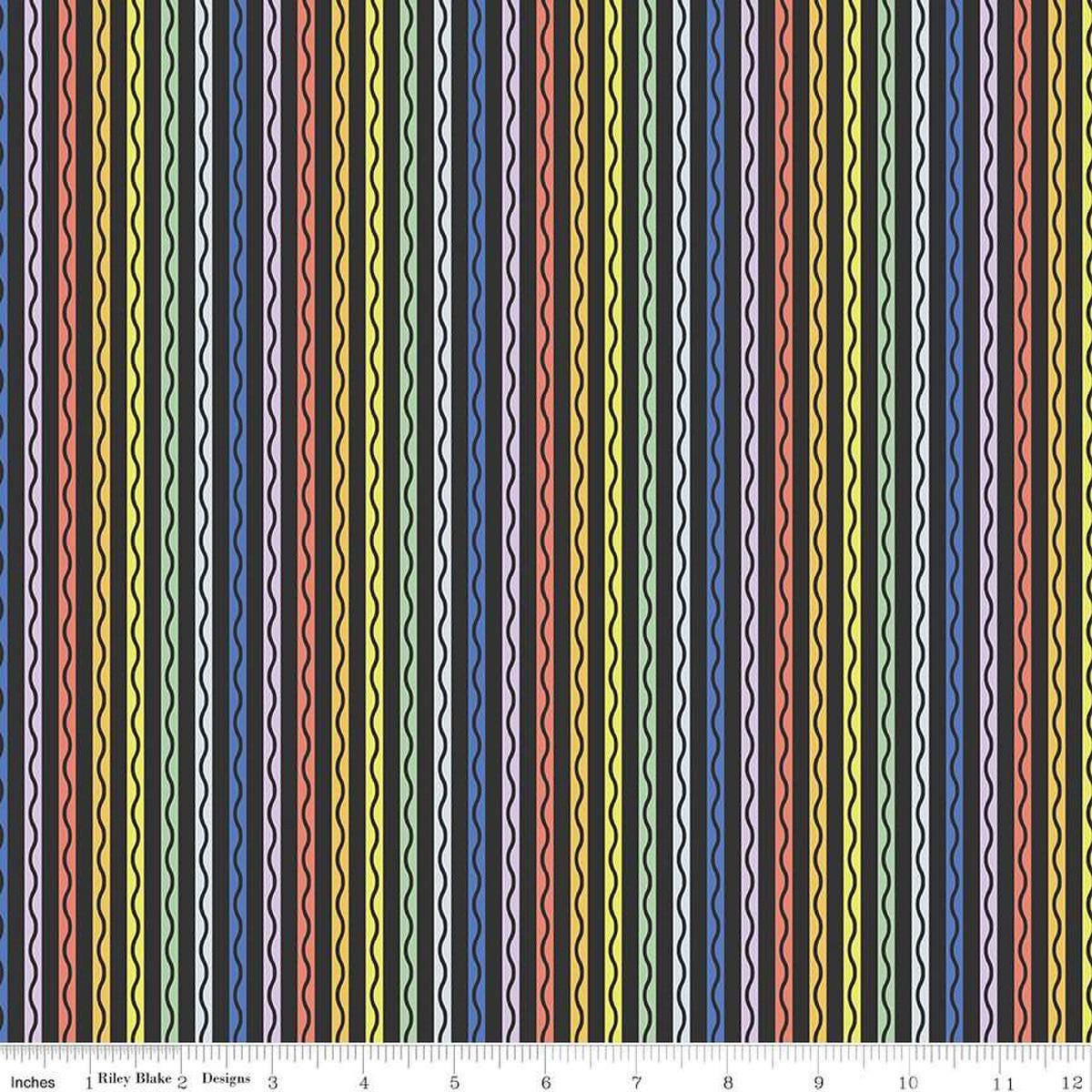Image of the New Box of Crayons Stripe Black Quilting Cotton Fabric by Riley Blake Designs. Features stripes on a black background. Cute Little Fabric Shop
