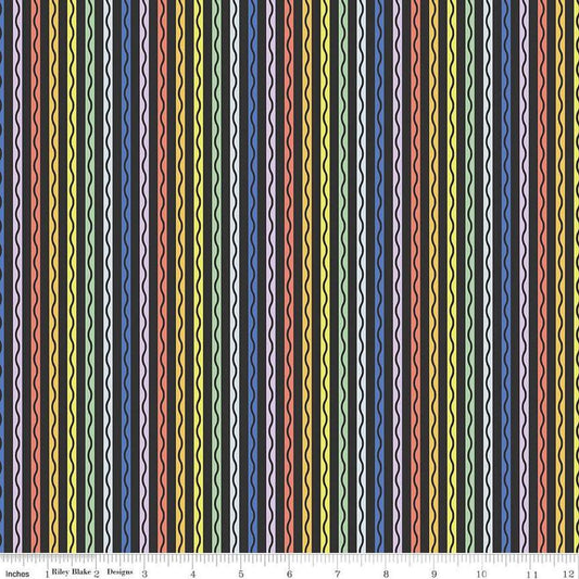Image of the New Box of Crayons Stripe Black Quilting Cotton Fabric by Riley Blake Designs. Features stripes on a black background. Cute Little Fabric Shop