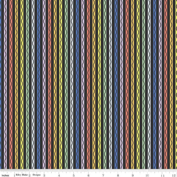 Image of the New Box of Crayons Stripe Black Quilting Cotton Fabric by Riley Blake Designs. Features stripes on a black background. Cute Little Fabric Shop