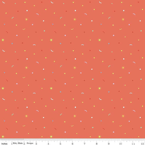 Image of the New Box of Crayons Confetti Rouge Quilting Cotton Fabric by Riley Blake Designs. Features confetti on a red background. Cute Little Fabric Shop