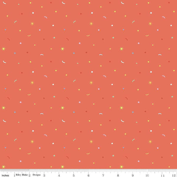 Image of the New Box of Crayons Confetti Rouge Quilting Cotton Fabric by Riley Blake Designs. Features confetti on a red background. Cute Little Fabric Shop