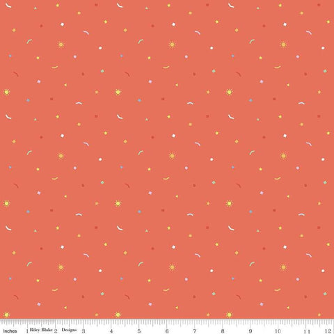Image of the New Box of Crayons Confetti Rouge Quilting Cotton Fabric by Riley Blake Designs. Features confetti on a red background. Cute Little Fabric Shop