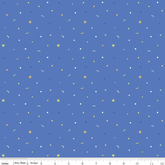 Image of the New Box of Crayons Confetti Blue Quilting Cotton Fabric by Riley Blake Designs. Features confetti on a blue background. Cute Little Fabric Shop