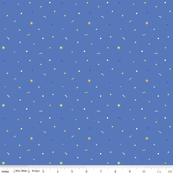 Image of the New Box of Crayons Confetti Blue Quilting Cotton Fabric by Riley Blake Designs. Features confetti on a blue background. Cute Little Fabric Shop