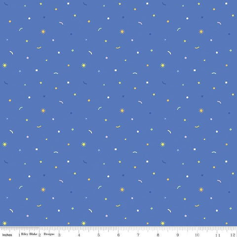 Image of the New Box of Crayons Confetti Blue Quilting Cotton Fabric by Riley Blake Designs. Features confetti on a blue background. Cute Little Fabric Shop