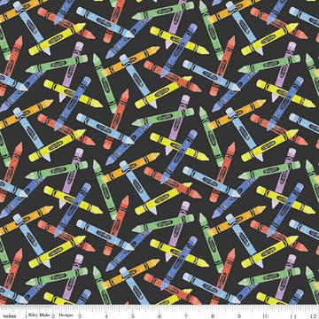 Image of the New Box of Crayons Crayon Toss Blue Quilting Cotton Fabric by Riley Blake Designs. Features crayons on a black background. Cute Little Fabric Shop
