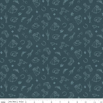 Image of John Wayne American West Icons Navy quilting cotton fabric by Riley Blake Official Product for Riley Blake Designs. Features tools on a blue background. Cute Little Fabric Shop