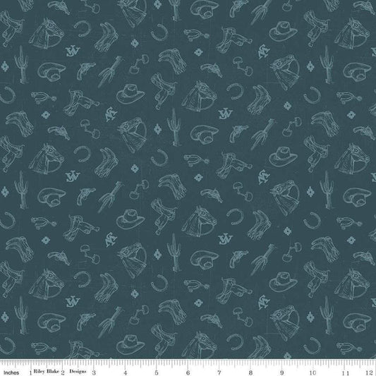 Image of John Wayne American West Icons Navy quilting cotton fabric by Riley Blake Official Product for Riley Blake Designs. Features tools on a blue background. Cute Little Fabric Shop